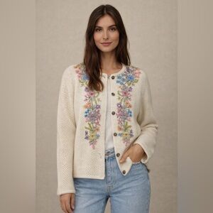 🌸 Vintage Floral Embroidered Knit Cardigan Sweater Size L 🌸